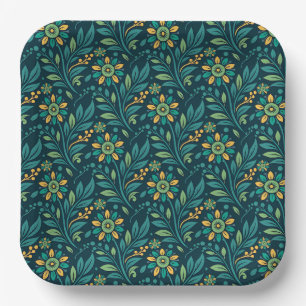Elegant Yellow and Teal Floral Pattern Design Paper Plates