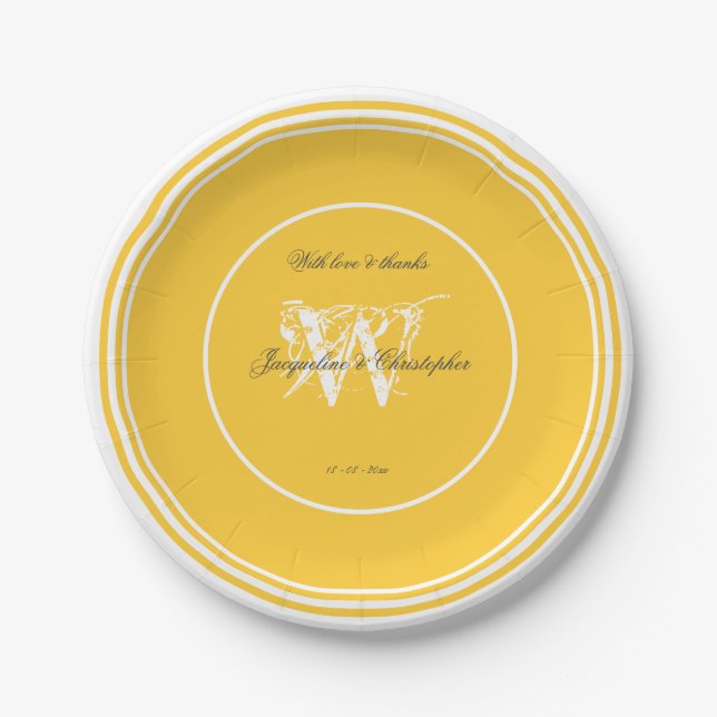 Elegant Yellow And White Chic Monogram Wedding  Paper Plates (Front)