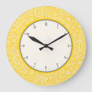 Elegant Yellow And White Vintage Paisley Pattern Large Clock
