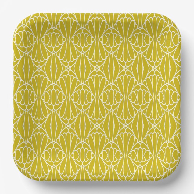 Elegant Yellow Art Deco Pattern with Diamond Motif Paper Plates (Front)