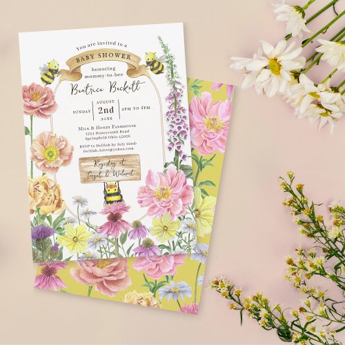 Elegant Yellow Bee and Wildflower Baby Shower Invitation