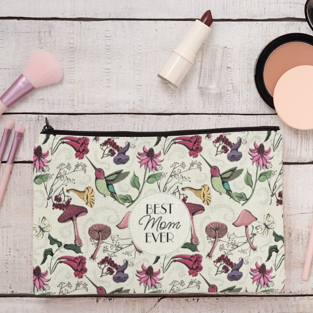 Elegant Yellow Best Mom Ever Photo Hummingbird Accessory Pouch (Front: Best Mom Ever on a Chic Hummingbird & Bignonia Pattern. Back: Custom Photo and 2 Messages.)