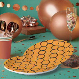Elegant Yellow Black Honeycomb geometric Pattern Paper Plates