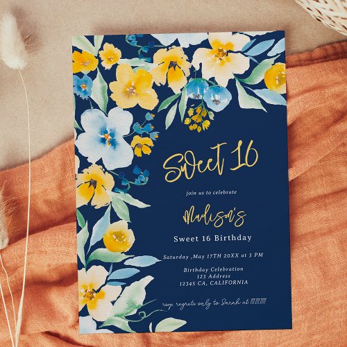 Elegant yellow blue floral watercolor Sweet 16 Invitation