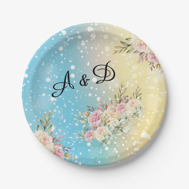 Elegant yellow, Blue  Snow, Pink Floral  Paper Plates (Front)