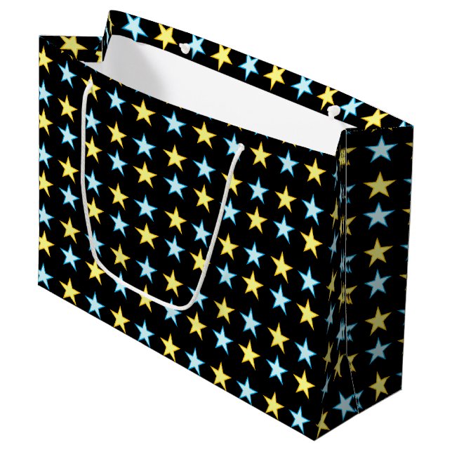 Elegant Yellow & Blue  Star Pattern on Black Large Gift Bag (Front Angled)