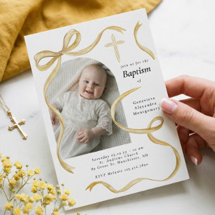 Elegant Yellow Bow Baptism Baby Photo Arch Cross Invitation