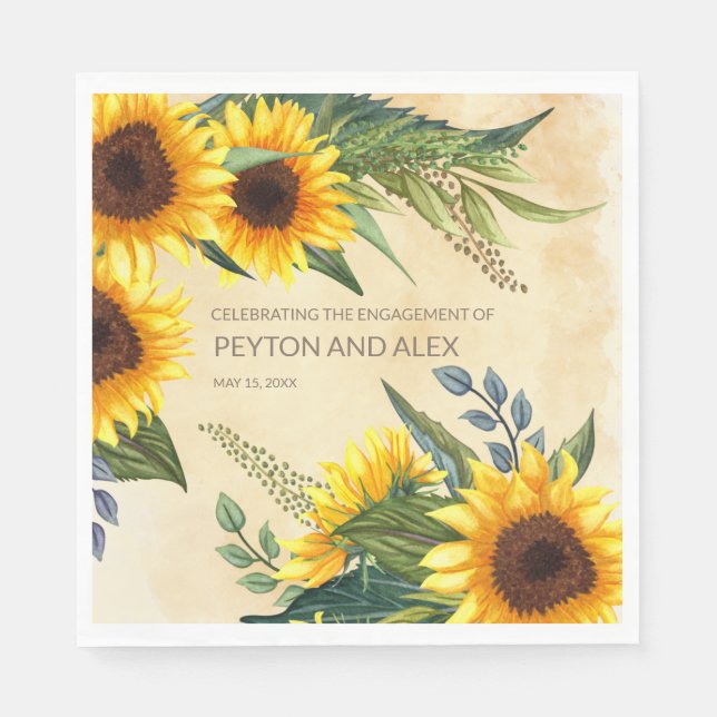 Elegant Yellow Brown Sunflowers Engagement Party Napkins (Front)