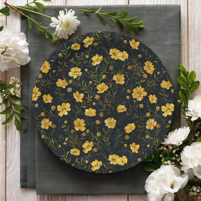 Elegant Yellow Buttercup Flower Pattern Party Paper Plates (Creator Uploaded)
