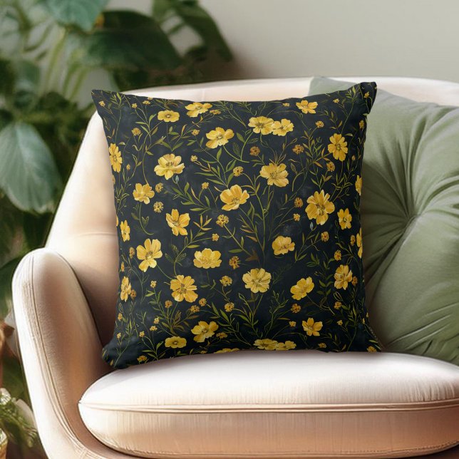 Elegant Yellow Buttercup Flower Pattern Throw Pillow (Creator Uploaded)