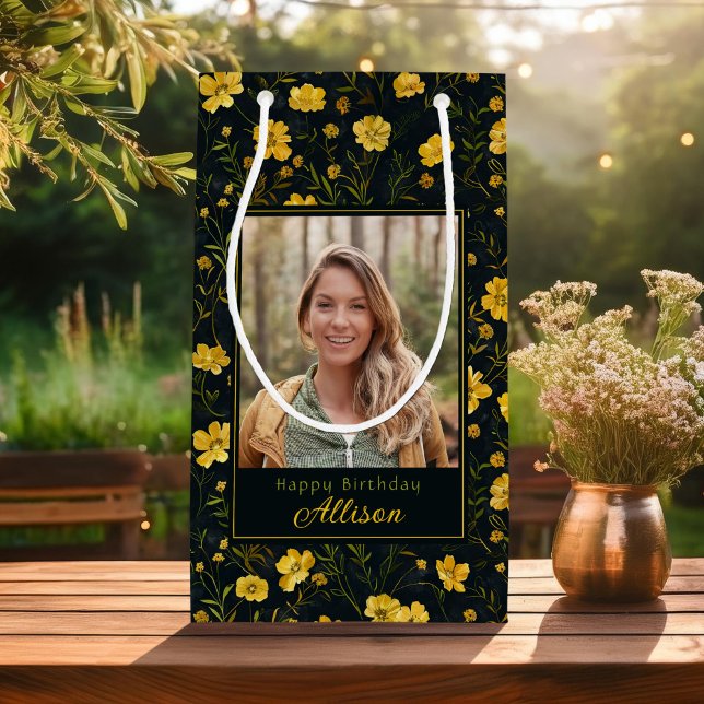 Elegant Yellow Buttercup Flower Photo Birthday Small Gift Bag (Creator Uploaded)