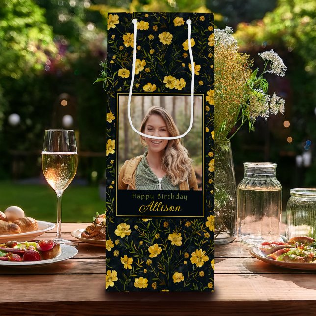 Elegant Yellow Buttercup Flower Photo Birthday Wine Gift Bag (Creator Uploaded)