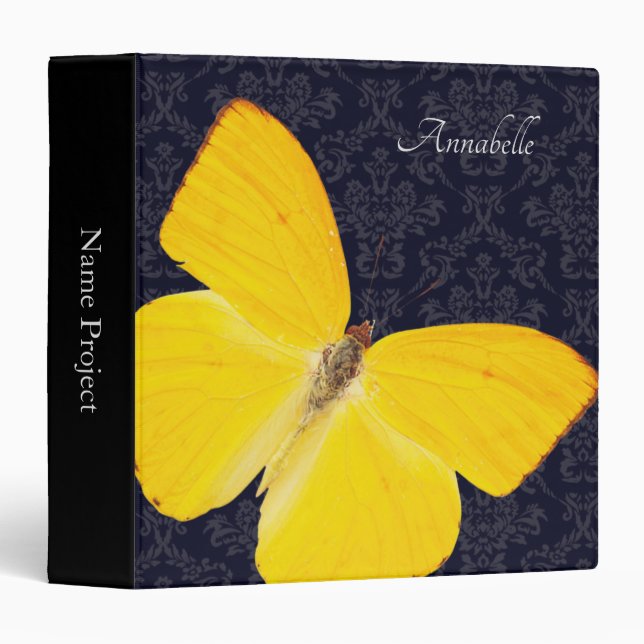 Elegant Yellow Butterfly Black Damask Add Name  3 Ring Binder (Front/Spine)