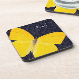 Elegant Yellow Butterfly Black Damask Add Name Beverage Coaster