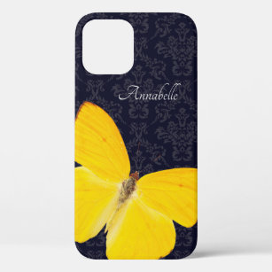 Elegant Yellow Butterfly Black Damask Add Name iPhone 12 Case