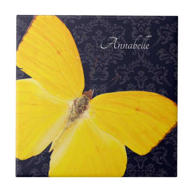 Elegant Yellow Butterfly Black Damask Add Name Ceramic Tile (Front)