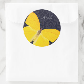 Elegant Yellow Butterfly Black Damask Add Name Classic Round Sticker