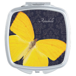 Elegant Yellow Butterfly Black Damask Add Name Compact Mirror