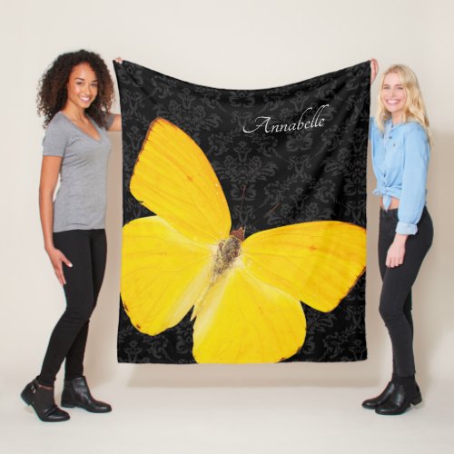 Elegant Yellow Butterfly Black Damask Add Name Fleece Blanket