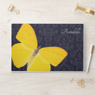 Elegant Yellow Butterfly Black Damask Add Name HP Laptop Skin