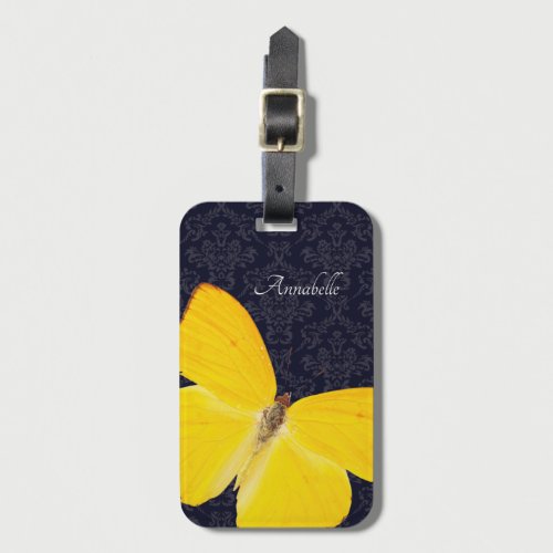 Elegant Yellow Butterfly Black Damask Add Name  iP Luggage Tag