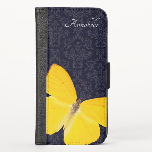 Elegant Yellow Butterfly Black Damask Add Name iPhone X Wallet Case