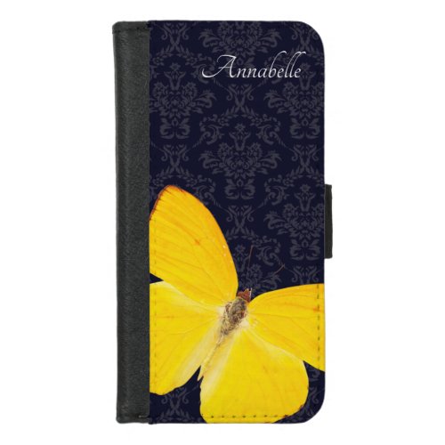 Elegant Yellow Butterfly Black Damask Add Name iPhone 87 Wallet Case