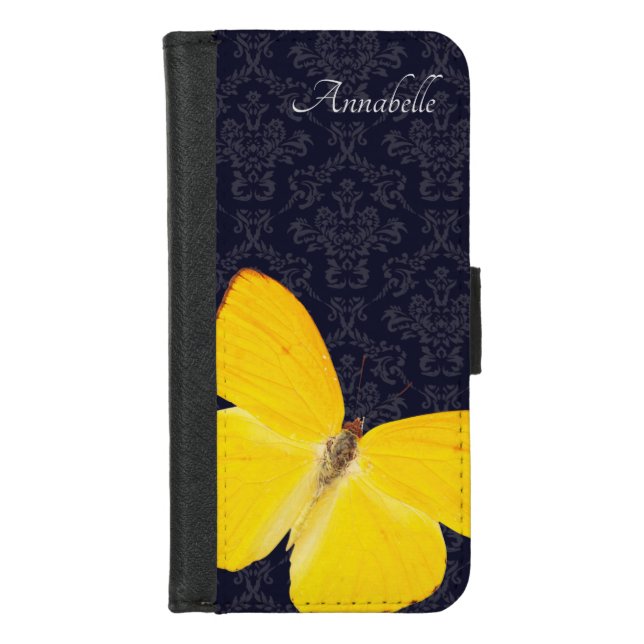 Elegant Yellow Butterfly Black Damask Add Name iPhone Wallet Case (Front)