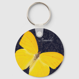 Elegant Yellow Butterfly Black Damask Add Name Keychain