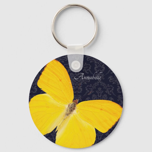 Elegant Yellow Butterfly Black Damask Add Name Keychain (Front)