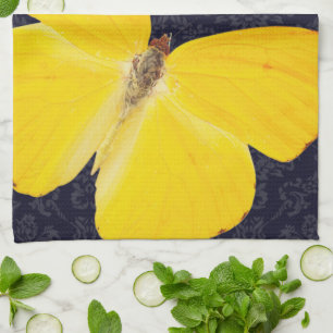 Elegant Yellow Butterfly Black Damask Add Name Kitchen Towel