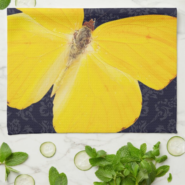 Elegant Yellow Butterfly Black Damask Add Name Kitchen Towel (Folded)