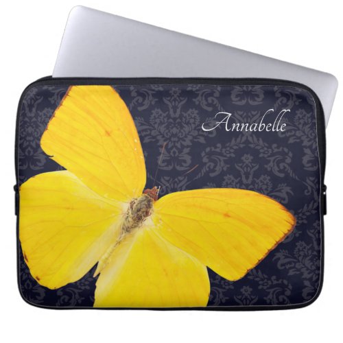 Elegant Yellow Butterfly Black Damask Add Name Laptop Sleeve