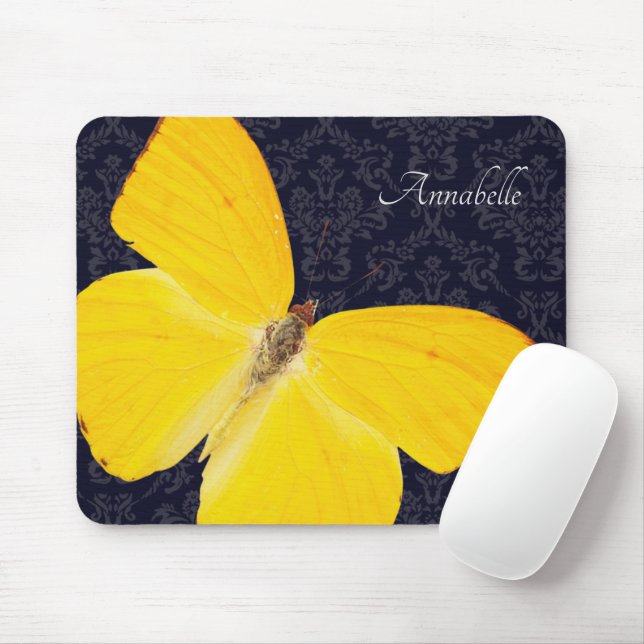 Elegant Yellow Butterfly Black Damask Add Name Mouse Pad (With Mouse)