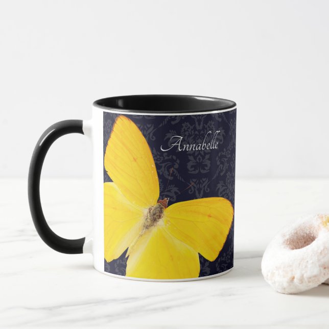 Elegant Yellow Butterfly Black Damask Add Name Mug (With Donut)