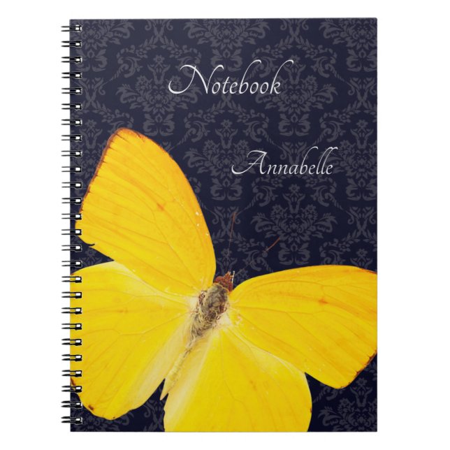 Elegant Yellow Butterfly Black Damask Add Name Notebook (Front)