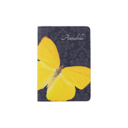Elegant Yellow Butterfly Black Damask Add Name Passport Holder