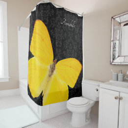 Elegant Yellow Butterfly Black Damask Add Name Shower Curtain