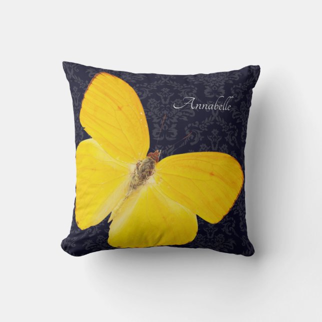 Elegant Yellow Butterfly Black Damask Add Name Throw Pillow (Front)