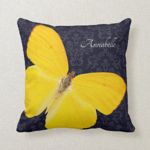 Elegant Yellow Butterfly Black Damask Add Name Throw Pillow
