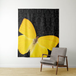 Elegant Yellow Butterfly Black Damask  Tapestry