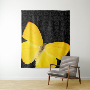 Elegant Yellow Butterfly Black Damask Tapestry
