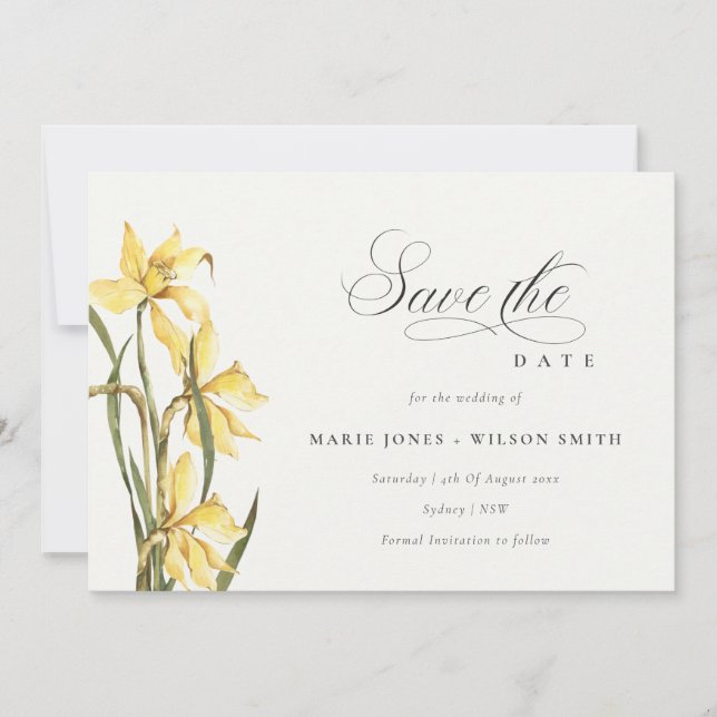 Elegant Yellow Daffodil Floral Save The Date Card (Front)
