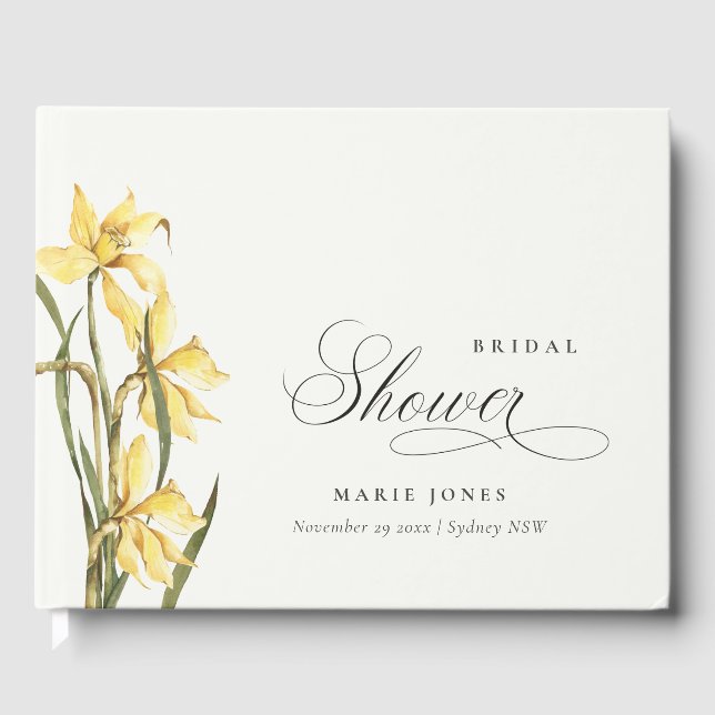 Elegant Yellow Daffodil Watercolor Bridal Shower Guest Book (Front)