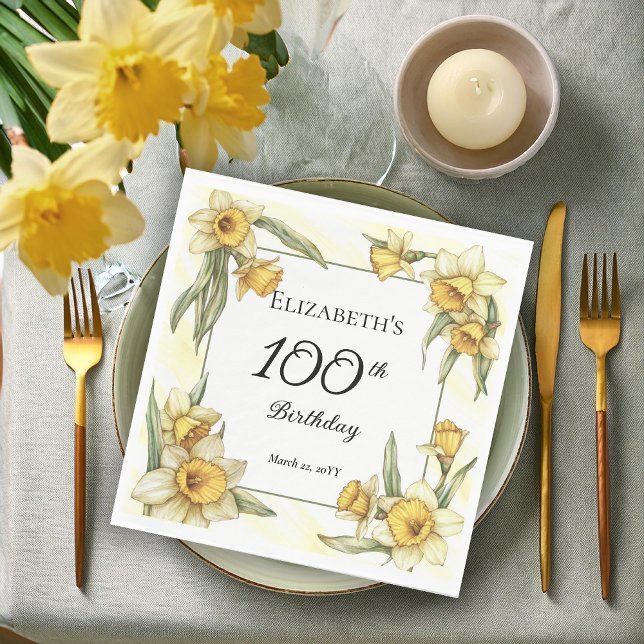 Elegant Yellow Daffodils Floral 100th Birthday Napkins (Elegant Yellow Daffodils Floral 100th Birthday Party Napkins)