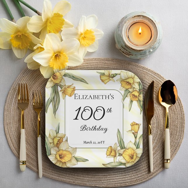 Elegant Yellow Daffodils Floral 100th Birthday Paper Plates (Elegant Yellow Daffodils Floral 100th Birthday Party Square Paper Plates)