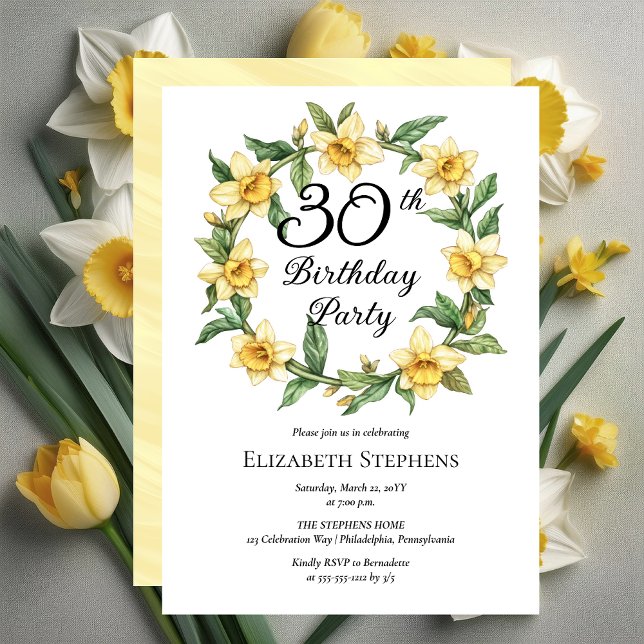 Elegant Yellow Daffodils Floral 30th Birthday Invitation (Elegant Yellow Daffodils Floral 30th Birthday Party Invitation -- Print | Download)