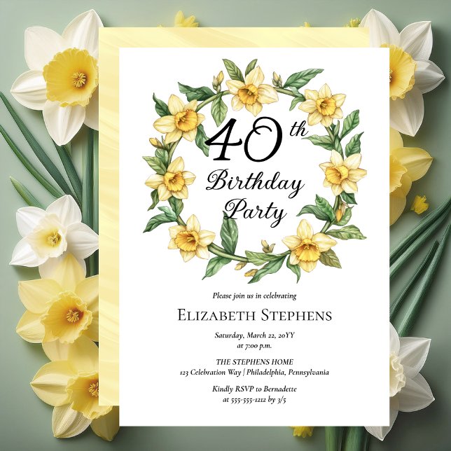 Elegant Yellow Daffodils Floral 40th Birthday Invitation (Elegant Yellow Daffodils Floral 40th Birthday Party Invitation -- Print | Download)