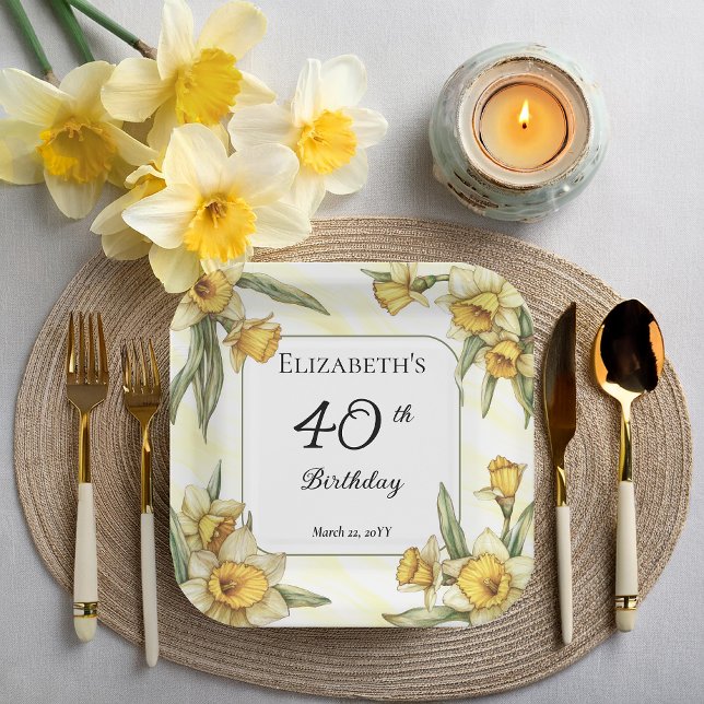 Elegant Yellow Daffodils Floral 40th Birthday Paper Plates (Elegant Yellow Daffodils Floral 40th Birthday Party Square Paper Plates)