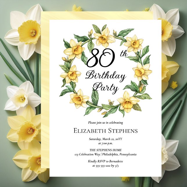 Elegant Yellow Daffodils Floral 80th Birthday Invitation (Elegant Yellow Daffodils Floral 80th Birthday Party Invitation -- Print | Download)